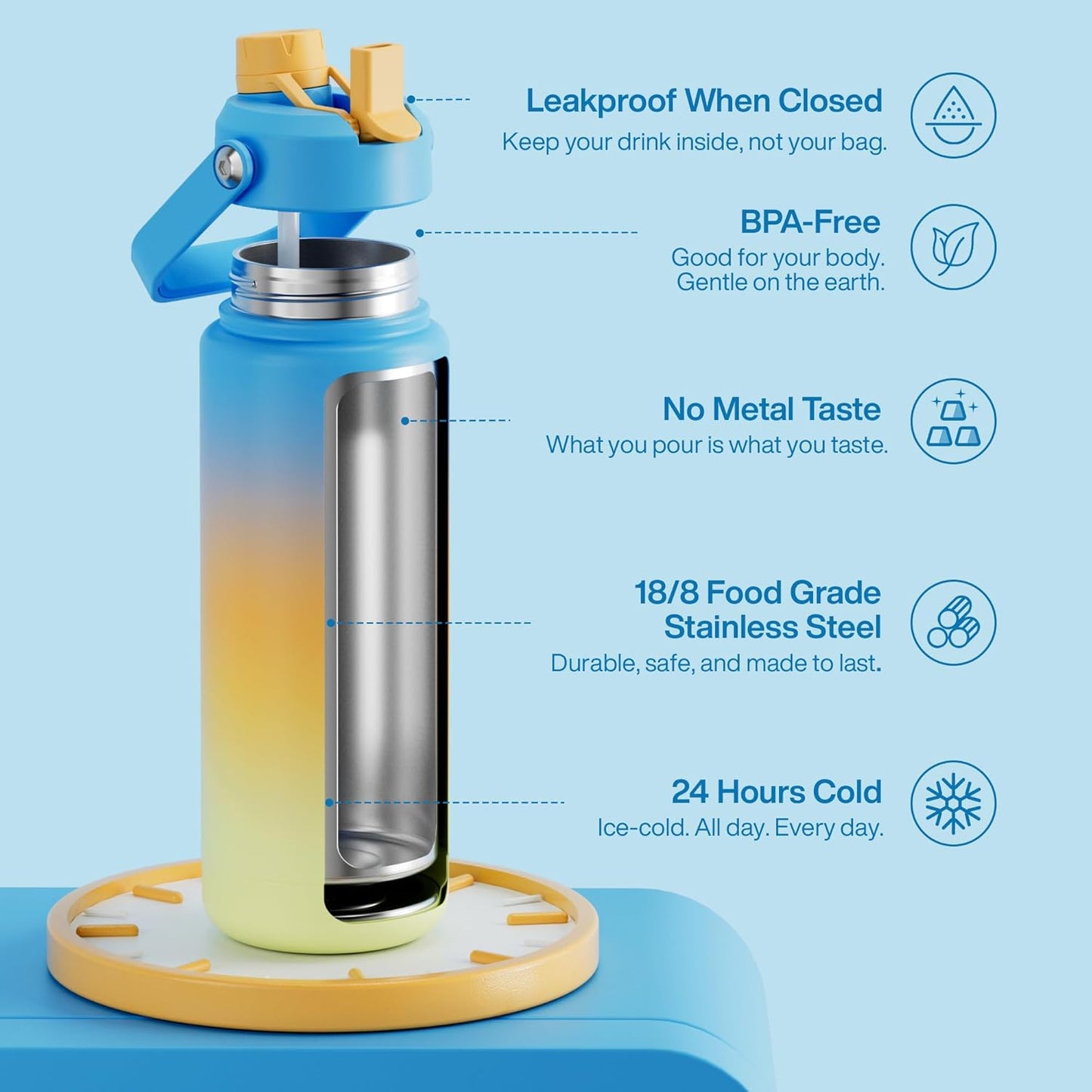 ENCOOL Insulated Water Bottle with Straw Stainless Steel Water Bottle, Leak-Proof, BPA-Free, Double Wall Vacuum Keeps Cold for 24 Hours for Sports, Travel, School (26 oz, Cotton Candy) - Colors B