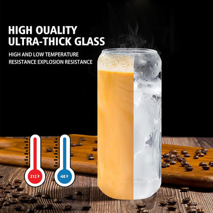 Glass Cups with Lids and Straws Set of 2 - Iced Coffee Cups with Lids for Cold Brew and Beer, 20 oz Can Shaped Glass with Bamboo Lids and Straws - Aesthetic Coffee Bar Gift for Coffee Lovers