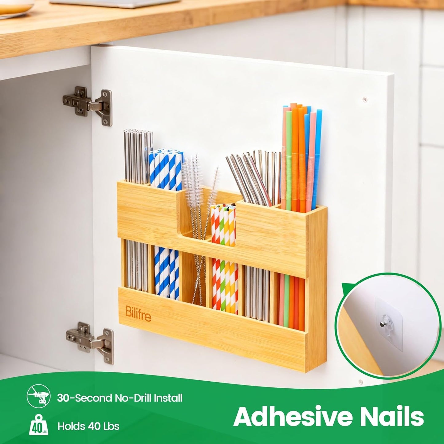 Bamboo Straw Holder Organizer for Cabinet Door, 10.8" Magnetic Straw Organizer with 6 Compartments for Long & Short Reusable Straws, Fridge, Counter & Wall Mount