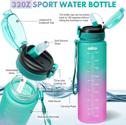 Water Bottle with Straw 1L,Boys Water Bottles with Straw 1 Litre,Waterbottle Leak-Proof Sports Water Bottle,Plastic Drinks Bottles Toxin Free，Bpa-Free (Cyan Black)