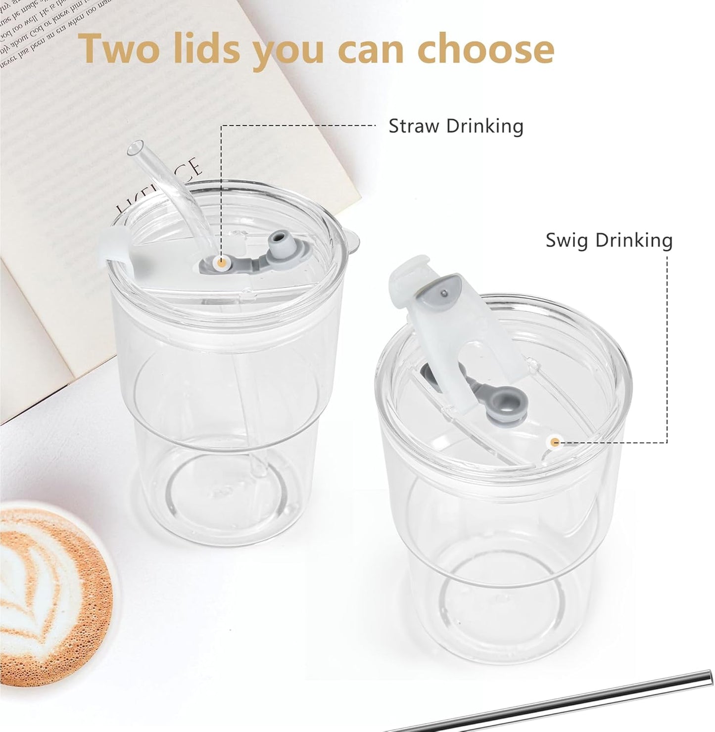 15 oz Plastic Matcha Iced Coffee Cups with Lids and Straws Set of 2, Unbreakable Drinking Glasses Reusable Iced Coffee Glass to Go Cup for Tea Smoothie Juice Cup Dishwasher Safe