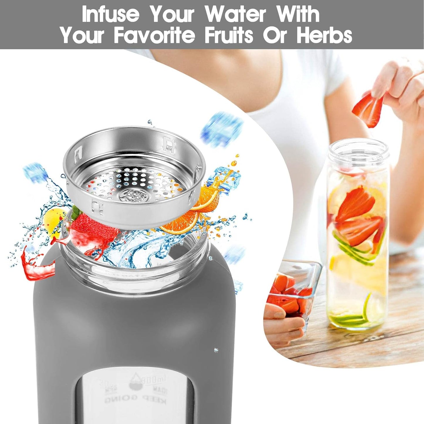 SipZest 32 oz Glass Water Bottle with Straw - Motivational Time Marker & Silicone Sleeve - Reusable Tumbler Includes 2 Bamboo Lids & Fruit Infuser - 1 Pack