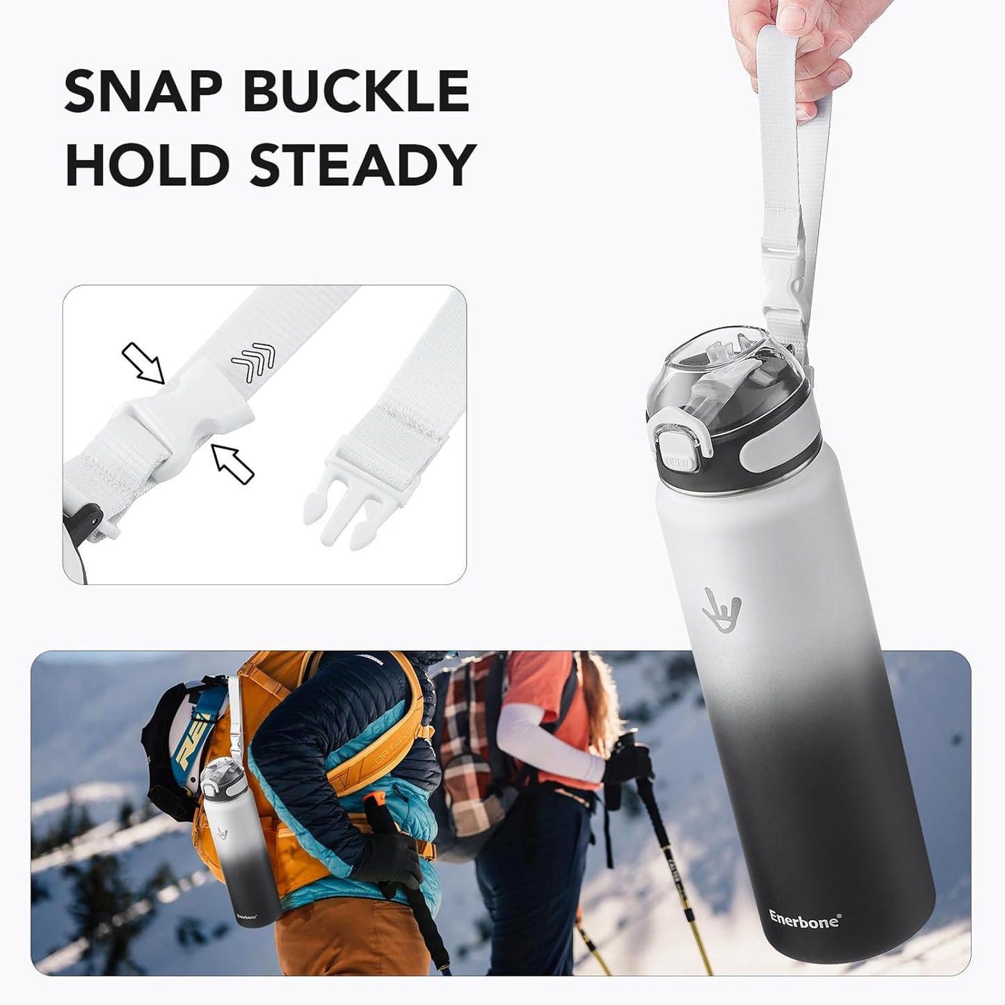 Enerbone 24 oz Insulated Water Bottle, Stainless Steel Bottle with Carrying Strap, Double-Wall Vacuum Insulation Design, Leakproof Sports Bottle with Straw, Keep Drinks Cold or Hot for Hours