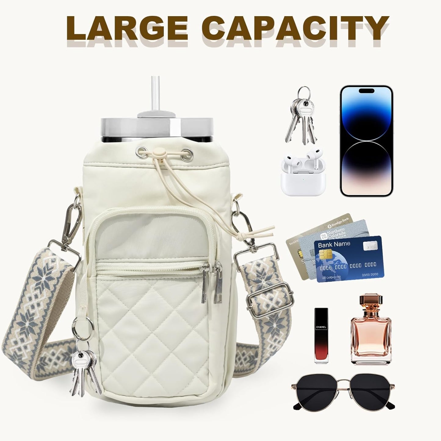 Water Bottle Holder with Strap, 32oz 40oz Insulated Water Bottle Carrier Bag, Purse Crossbody Sling Bag with Phone Pocket for Walking Hiking