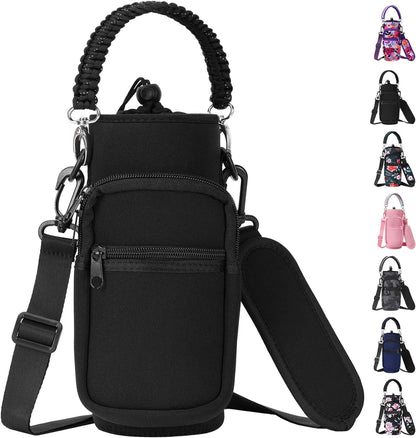 AceTreker 32/40/64/128 oz Neoprene Insulated Water Bottle Carrier Bag, Sling Bag Sleeve Pouch Holder with Strap & Paracord Handle and 2 Pocket for Travelling, Hiking, Camping