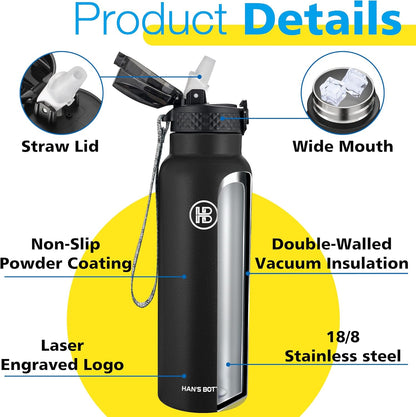 Han's Bottle Sports Water Bottle - 24 Oz, Straw Lid, Leak Proof, Vacuum Insulated Stainless Steel, Double Walled, Thermo Mug,Black