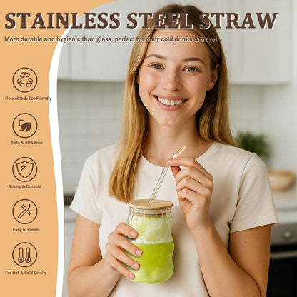 2 Packs Cute Glass Tumbler with Lid and Straw 16 oz Ice Coffee Cup Set for Smoothie Slushie Juice Matcha Tea Latte Cappuccino Espresso Hot Coffe Water Reusable Clear Travel Boba Aesthetic Drinking Mug