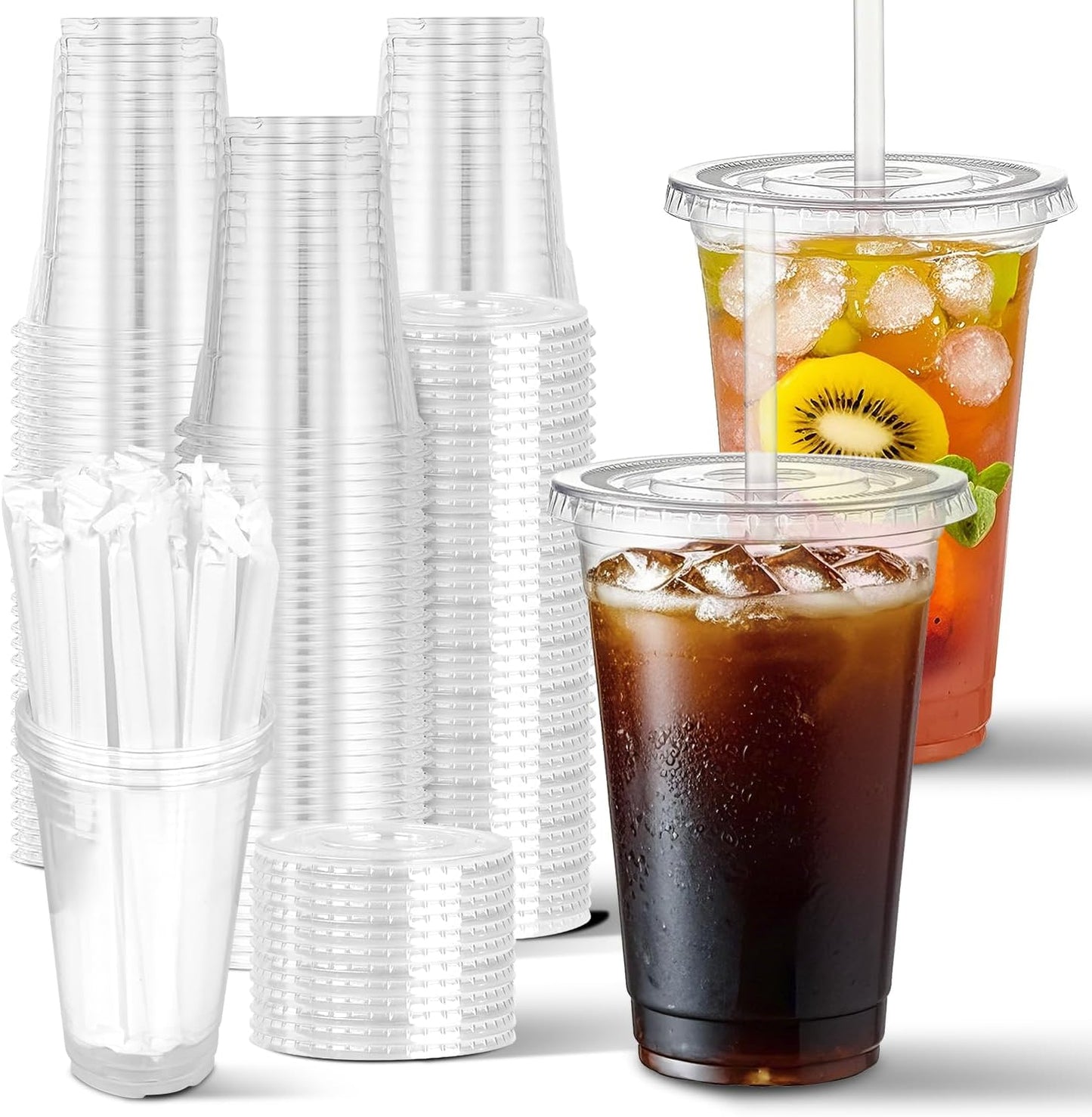 Charmount 24 oz Clear Plastic Cups with Lids and Straws, 100 Sets Disposable To Go Cups for Cold Drinks, Iced Coffee, Coffee Bar Accessories, Smoothies