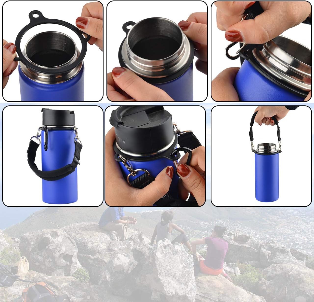 CM Water Bottle Handle Strap Carrier Handle Neoprene Holder Strap with Carabiner for Wide Mouth Bottles, Fits 12 oz to 64 oz Bottle, Black Color