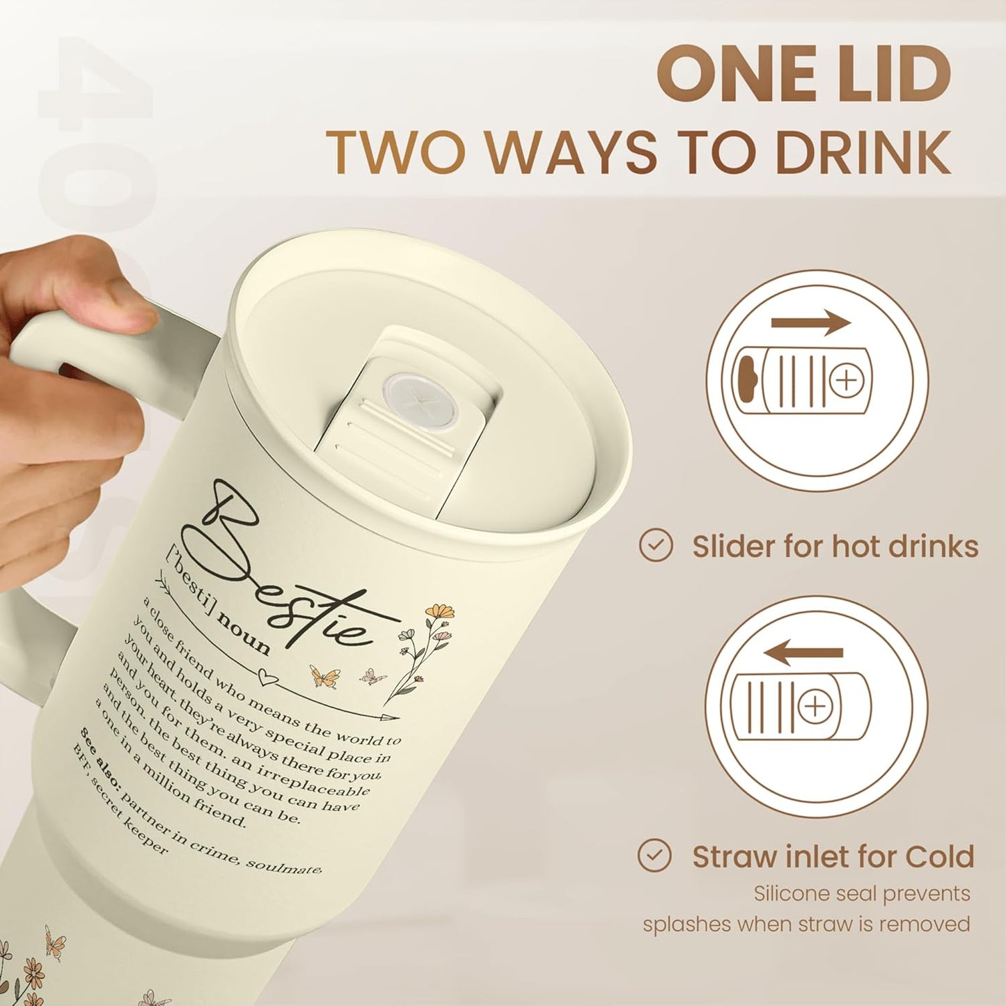 Floral Tumbler with Handle 40oz, Stainless Steel Insulated Tumblers Coffee Travel Mug Cup with Straw, Flower Coffee Cup Gifts for Women Girls, Gift for Her on Christmas Birthday Mothers Day