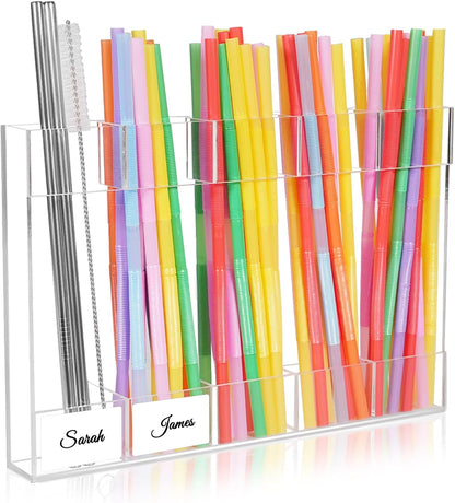 9.8” Large Acrylic Straw Holder for Cabinet Door - Reusable Straw Organizer Storage, Holds 80+ Straws, Ultra Sticky Adhesive Door Mounted, Kitchen Cabinet Accessories Container (Transparent)