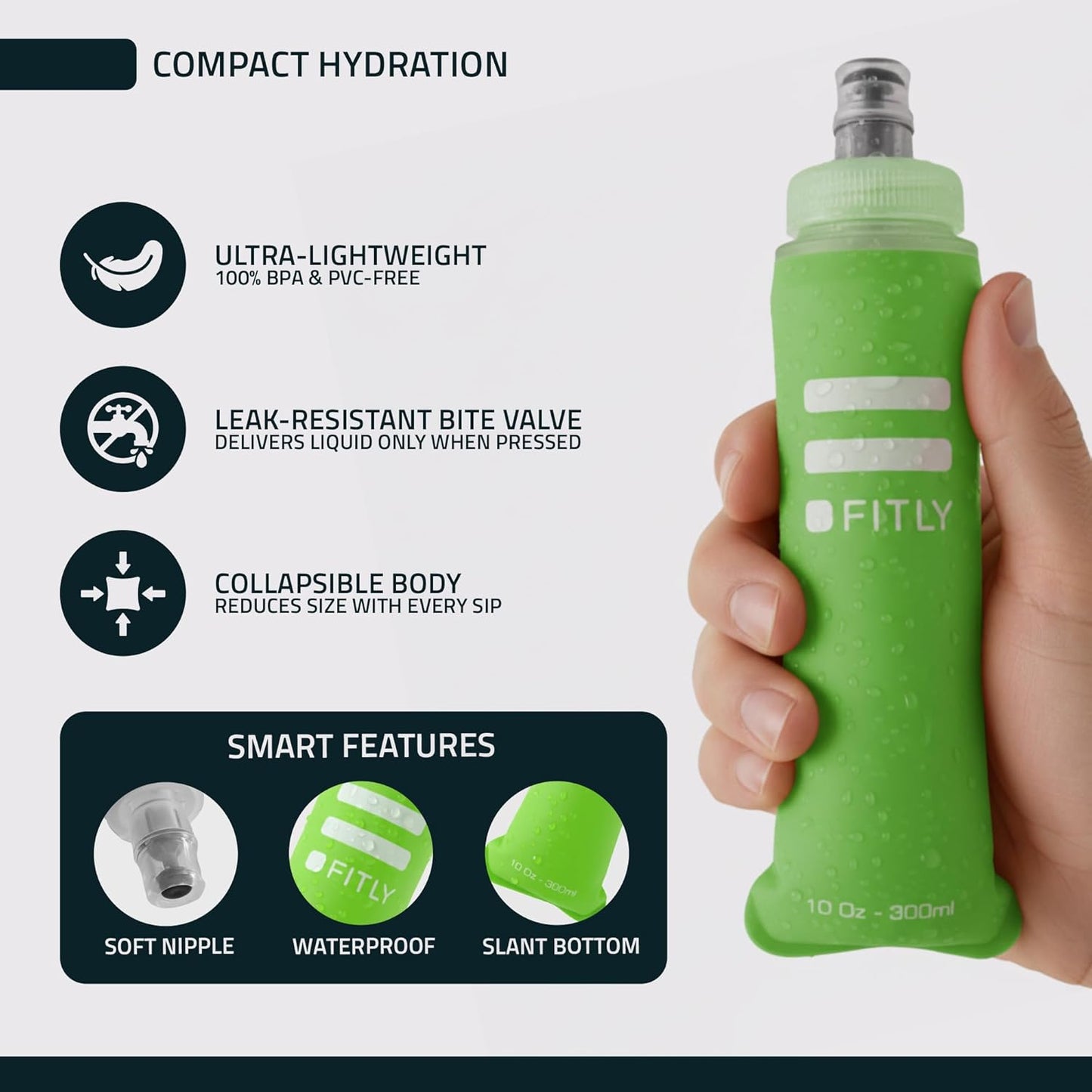 FITLY Soft Flask - Shrink As You Drink Soft Water Bottle for Hydration Pack - Folding Water Bottle Ideal for Running, Hiking, Cycling, Climbing & Rigorous Activity