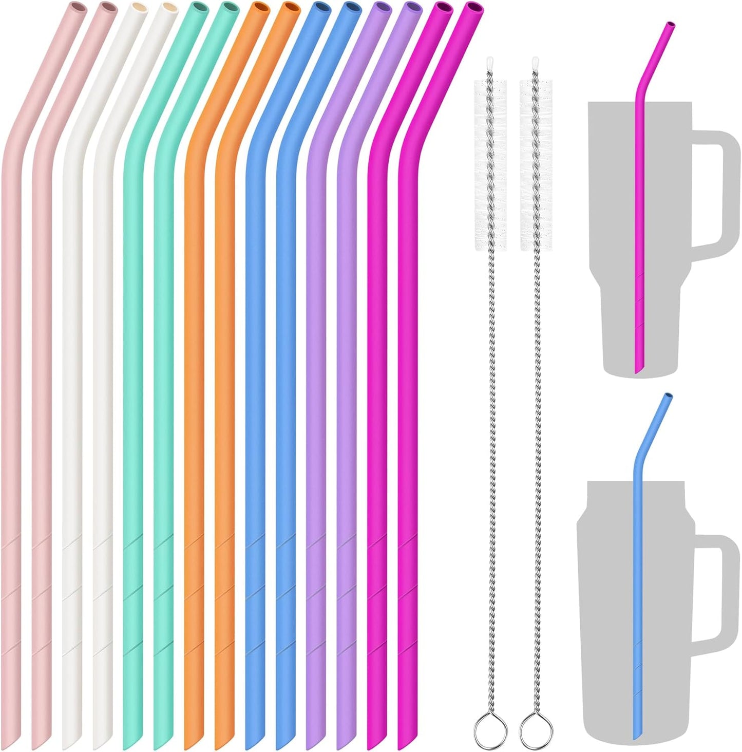 NiHome 14PCS Silicone Straws Fit for Stanley 40oz 30oz Tumbler, 14” Extra Long Reusable Drinking Straw, Flexible Can Cut Length for 1/Half Gallon 75 64 OZ Large Water Bottle - 2 Brushes (Rainbow)