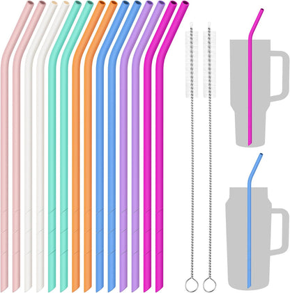 NiHome 14PCS Silicone Straws Fit for Stanley 40oz 30oz Tumbler, 14” Extra Long Reusable Drinking Straw, Flexible Can Cut Length for 1/Half Gallon 75 64 OZ Large Water Bottle - 2 Brushes (Rainbow)