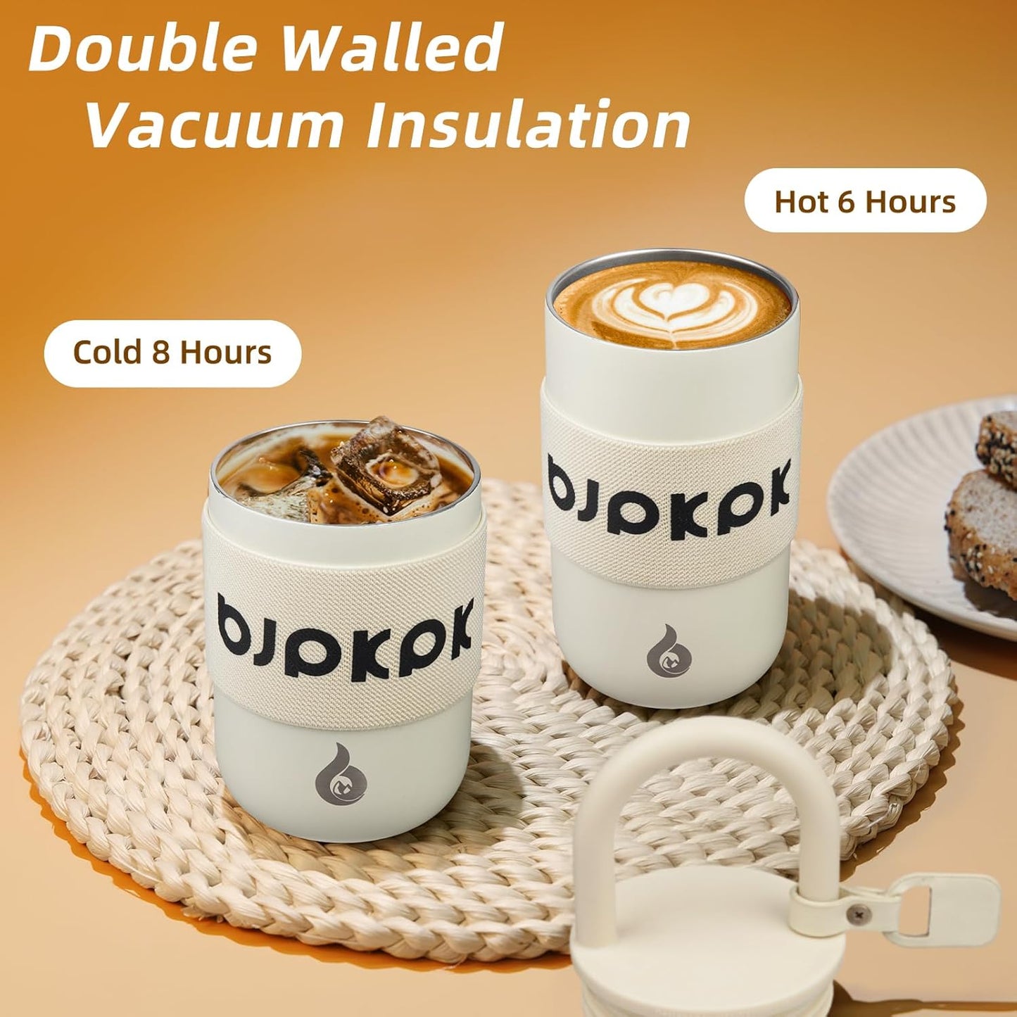 BJPKPK 13oz Insulated Stainless Steel Loop Tumbler With Lid And Handle Travel Coffee Mug Thermal Cup,Latte