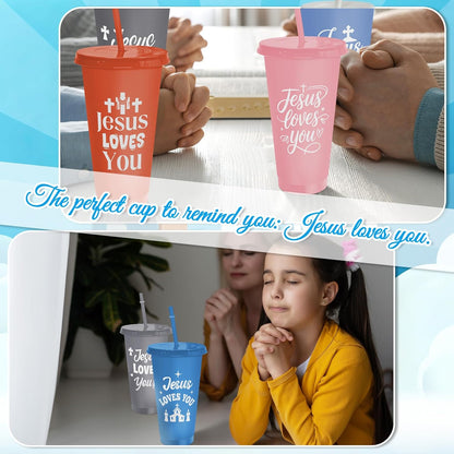 Cinrobiye 24 Pcs Jesus Loves You Tumblers Bulk, 24 oz Christian Plastic Cups with Lids and Straws, Reusable Religious Gift Cups for VBS, Sunday School, Church Events, Bible Study Party Favors
