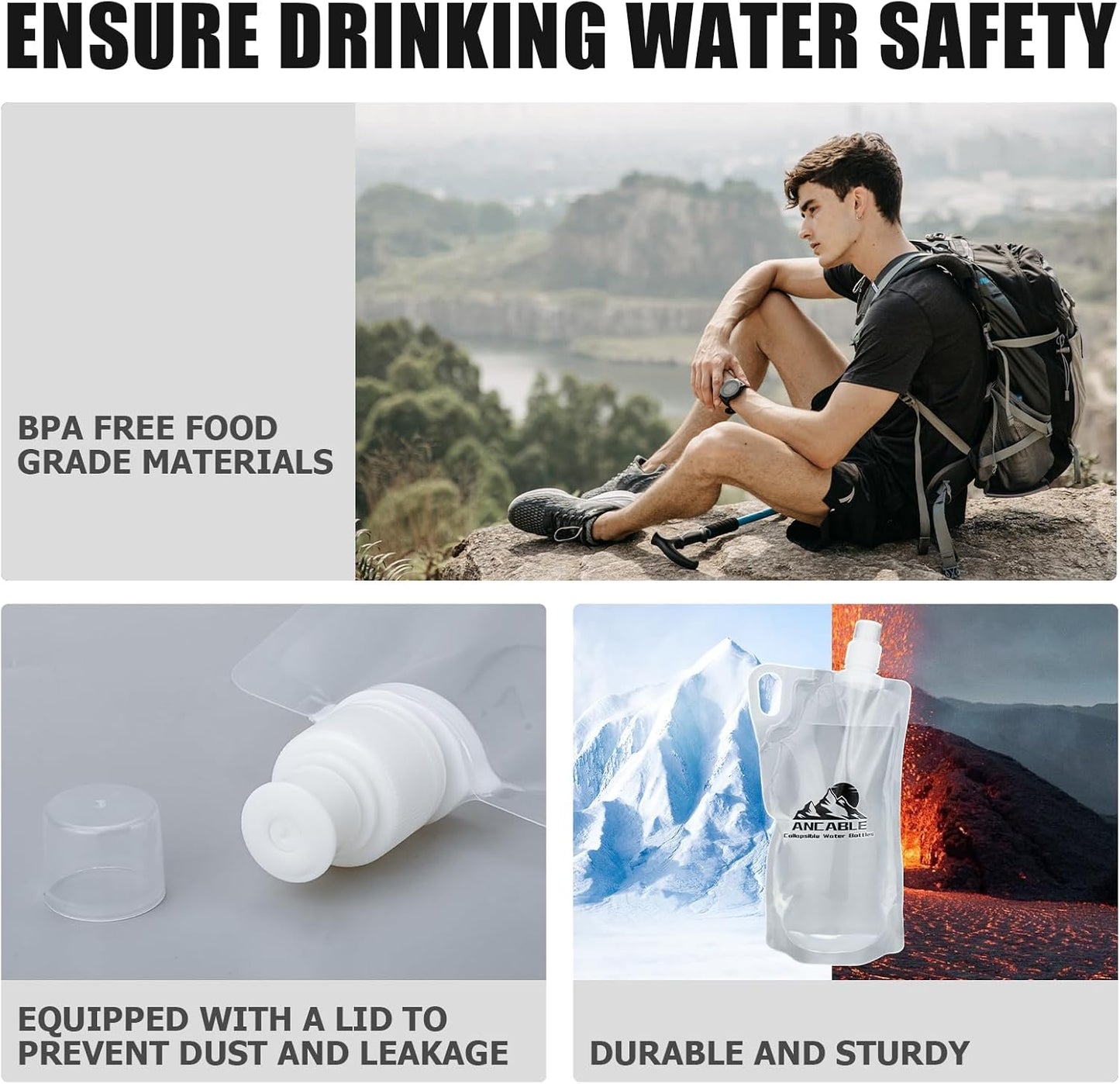 Ancable 33oz (1L) Collapsible Water Bottles, 3-Pack Reusable Travel Foldable Water Bottles for Hiking Camping Running Bike, BPA-Free Water Bottle