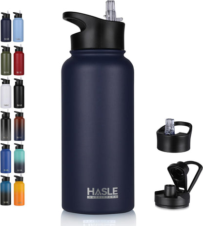 HASLE OUTFITTERS 32 oz Insulated Water Bottle Stainless Steel Double Walled Vacuum Sports Water Bottle with 2 Lids (Straw and Spout Lid) for Gym Camping Hiking(Black,1)
