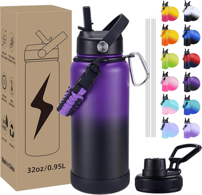 Insulated Water Bottle, 32 oz Stainless Steel Wide Mouth Water Bottles with 2 Leak Proof Lid and Paracord Handle, Double Wall Vacuum Insulated Sports Water Bottle, Purple Black