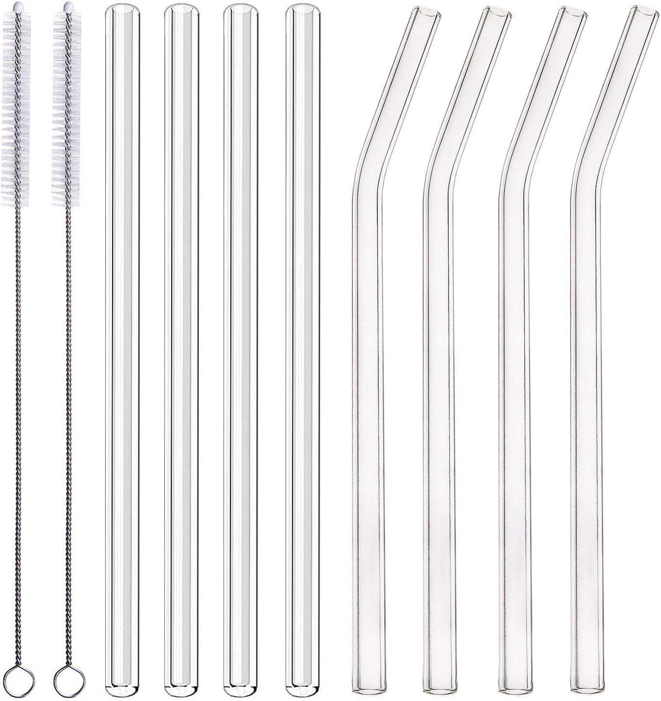 ALINK Skinny Clear Glass Straws, 10.5" x 7 mm Long Reusable Drinking Straws for 30 oz 20 oz RTIC/YETI Stanley Tumblers, Mason Jars, Pack of 8 with 2 Cleaning Brush