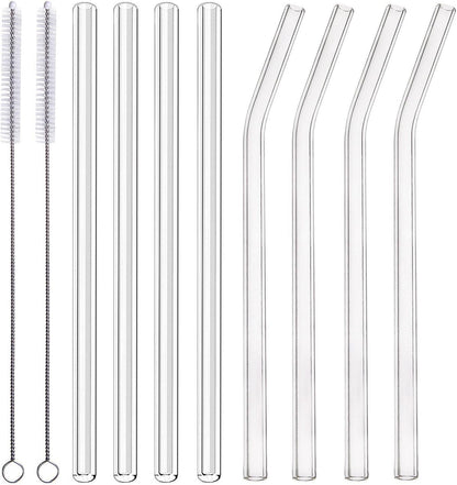 ALINK Skinny Clear Glass Straws, 10.5" x 7 mm Long Reusable Drinking Straws for 30 oz 20 oz RTIC/YETI Stanley Tumblers, Mason Jars, Pack of 8 with 2 Cleaning Brush