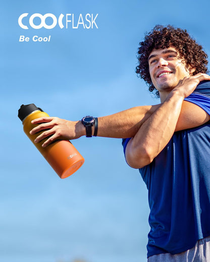 Half Gallon Water Bottle Insulated with Straw & 3 Lids, Coolflask 64 oz Water Jug Large Metal Stainless Steel Wide Mouth for Sports, Gym or Office, Non-BPA Keep Cold 48H Hot 24H, Samurai Cyan