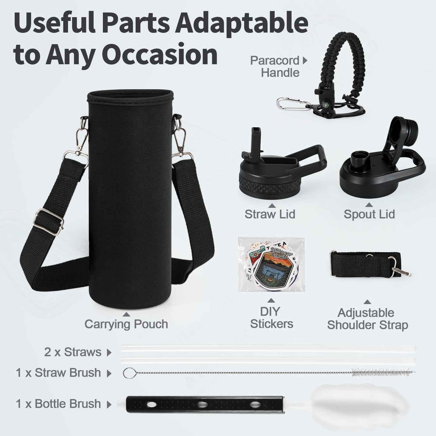 WixByti 40 oz Insulated Water Bottle with Straw (Cold for 36 Hrs), Stainless Steel Triple Wall Vacuum Sports Water Jug, Leakproof Hydro Cup Flask with Paracord Handle & Straw Spout Lids & DIY Stickers