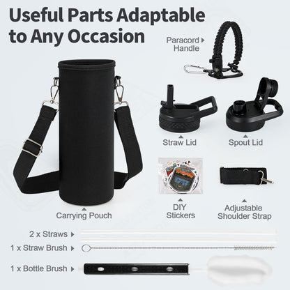 WixByti 40 oz Insulated Water Bottle with Straw (Cold for 36 Hrs), Stainless Steel Triple Wall Vacuum Sports Water Jug, Leakproof Hydro Cup Flask with Paracord Handle & Straw Spout Lids & DIY Stickers