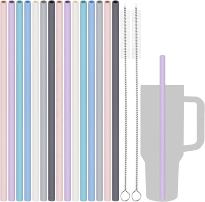 Tomorotec 15PCS Reusable Silicone Drinking Straws w/ 2 Brushes, Fit for Stanley Tumbler 40oz 30oz 20oz, 12" Long Customizable for Various Drinkware, Dishwasher Safe, BPA-Free, Safe for Teeth (Macaron)