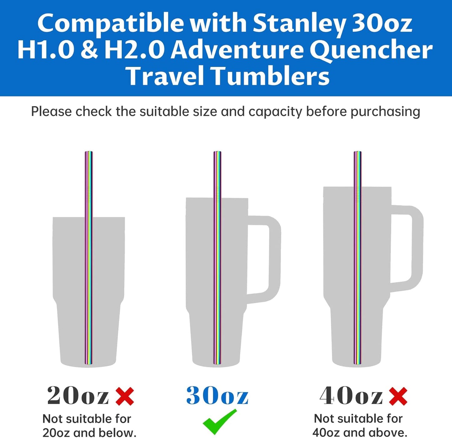 Tomorotec 8PCS 12" Stainless Steel Straws 4 Bent & 4 Straight Fit for 40oz Stanley Tumblers, Reusable Food-Grade Drinking Straws with Brush for Smoothies, Milkshakes, Iced Coffee, Dishwasher Safe