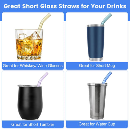 10 Pcs Reusable Bent Short Glass Straws,6''x8 mm Colorful Glass Straws Shatter Resistant with 2 Cleaner Brush for Short Tumblers,Whiskey&Cocktail Glasses Cups,Coffee Mugs