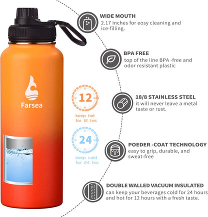 Farsea Insulated Water Bottle With Paracord Handle, Protective Silicone Boot and 2 Lids (Straw Lid & Spout Lid), Stainless Steel Water Bottle Wide Mouth, Double Wall Sweat-Proof BPA-Free, 24 oz