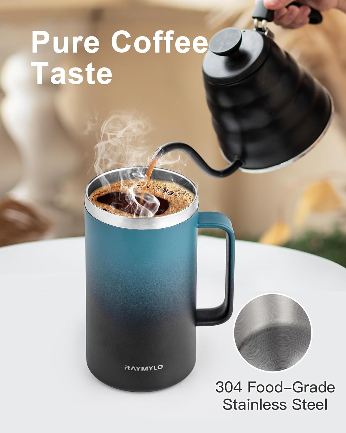 RAYMYLO Insulated Coffee Mug 12 oz, Double Wall Stainless Steel Coffee Mug with Lids, Leak-Proof & Detachable Slider Lid for Thorough Clean, Keeps Coffee Cold for 9 Hrs, Suitable for Camp Home Office