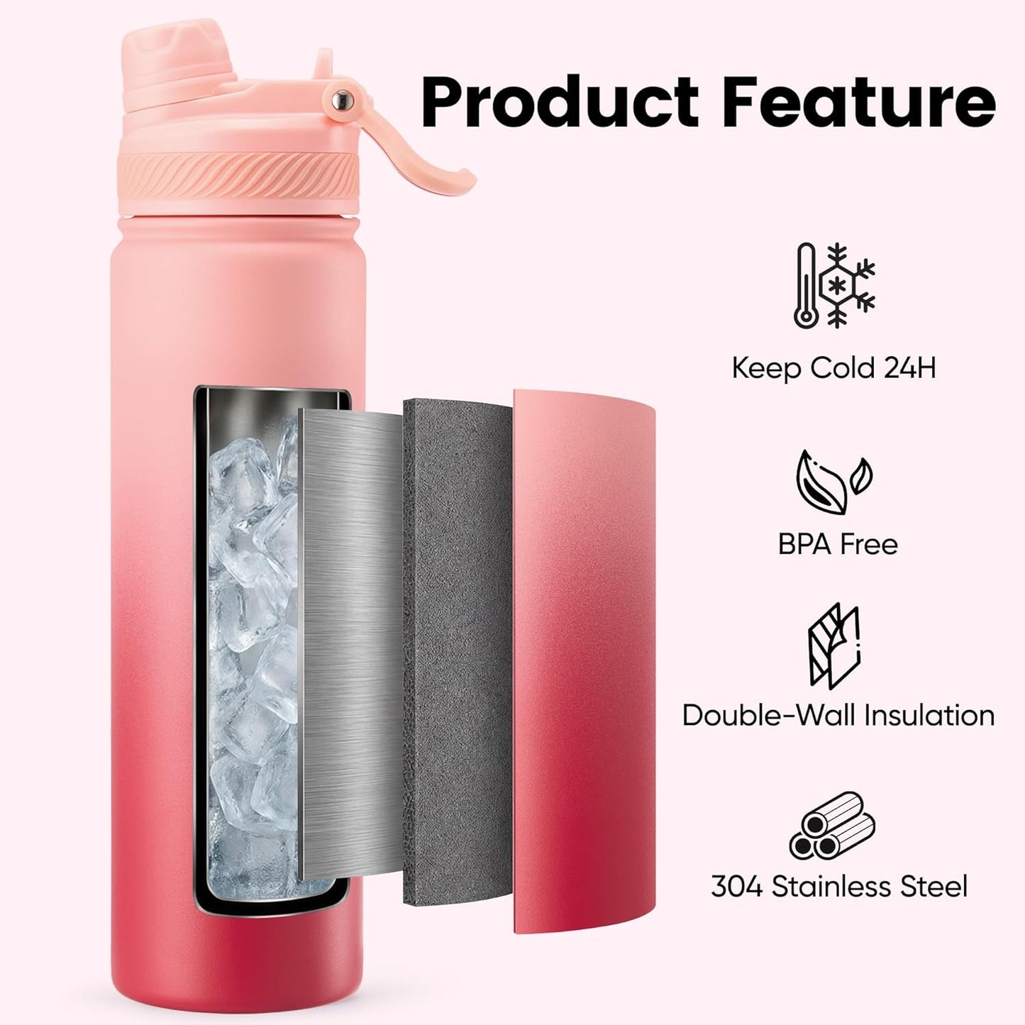 Fijinhom 18 oz Insulated Water Bottle, 2-in-1 Straw and Spout Lid Stainless Steel Thermos, Leak-Proof, Double Wall Vacuum Flask, Keep Cold 24H for Outdoor, Sports, Travel, School (Black)