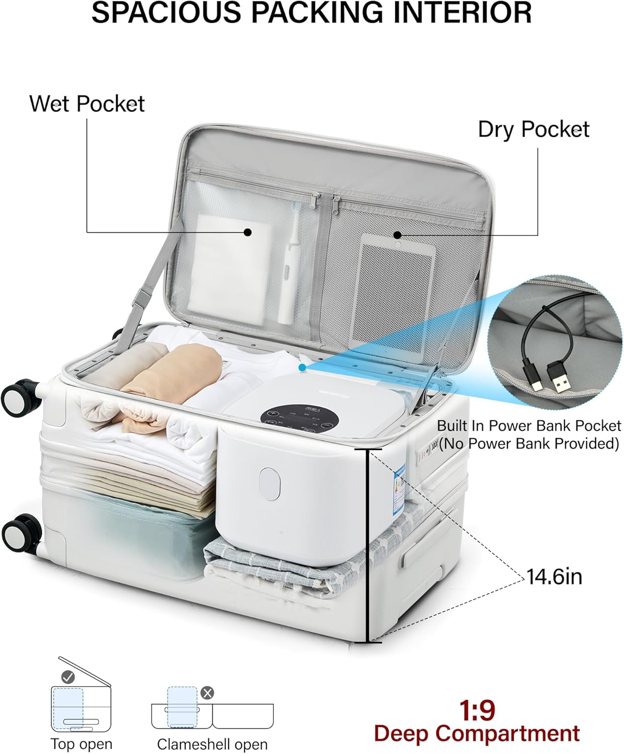 Hanke 20 Inch Expandable Carry On Luggage with Cup Holder 22x14x9 Airline Approved, Top Opening Hard Shell Suitcases with Wheels, Carry-On Travel Suitcase Trunk Luggage with Lock, Smoke White