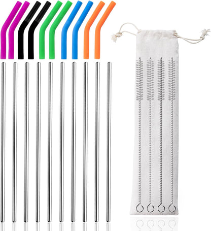 Lazycorner 16 Pcs Metal Straw Reusable 8.5" 10.5" 6mm Stainless Steel Straws for Tumblers 20oz-32oz, Rainbow Drinking Straws with Silicone Tips, 4 Straw Cleaner Brush, 1 Travel Case