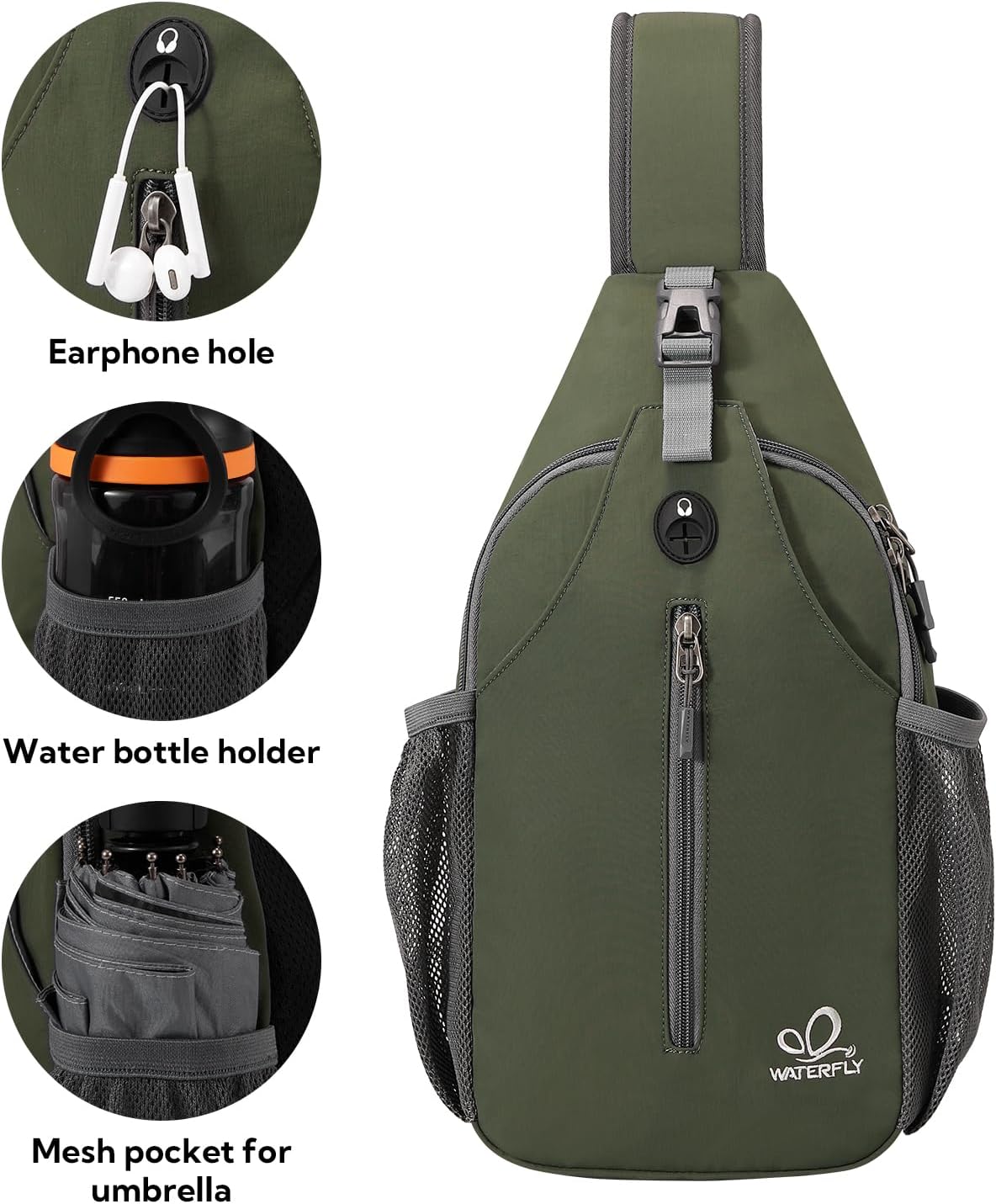 WATERFLY Crossbody Sling Backpack Sling Bag Travel Hiking Chest Bag Daypack (Black)