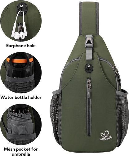 WATERFLY Crossbody Sling Backpack Sling Bag Travel Hiking Chest Bag Daypack (Black)