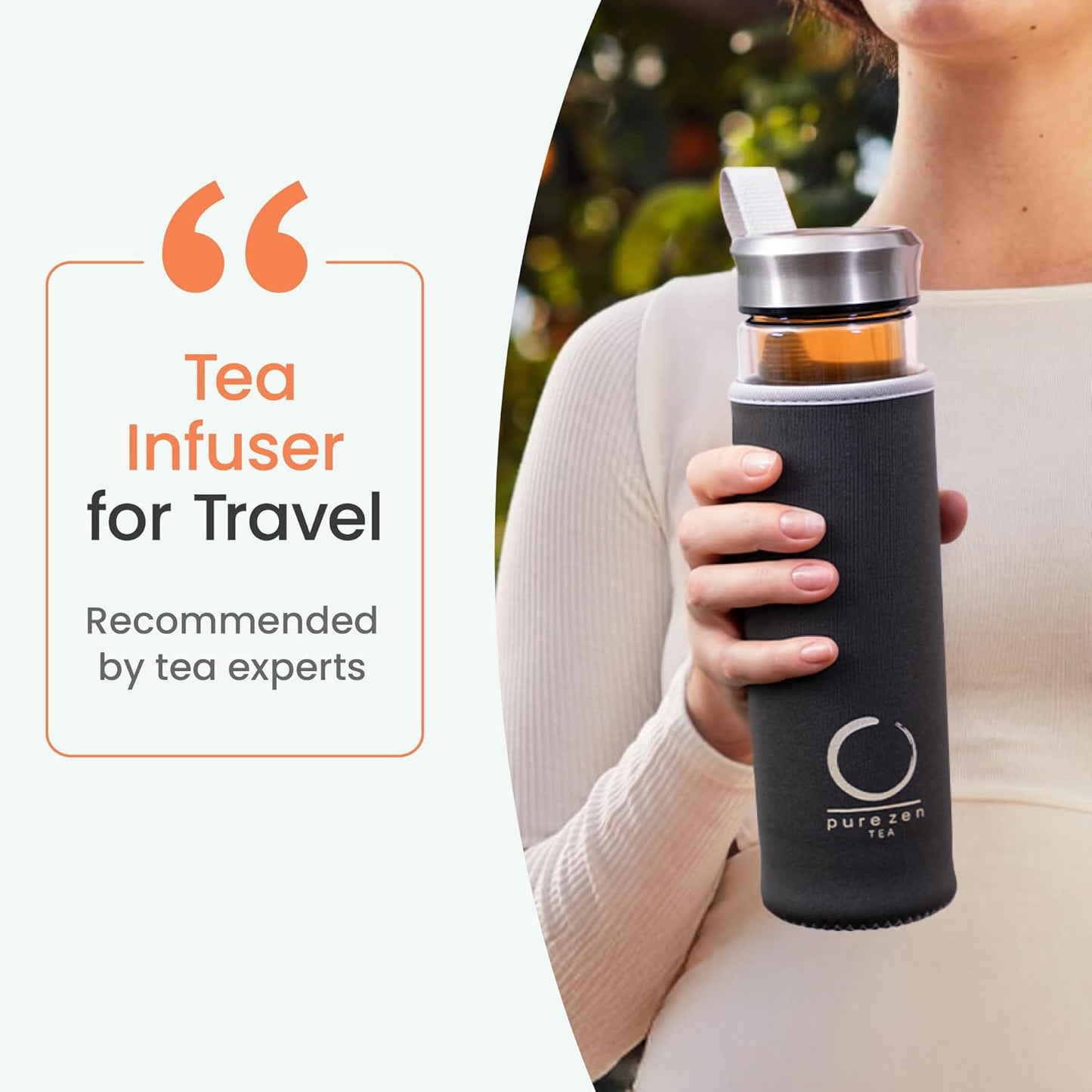 Pure Zen Tea Infuser Bottle - Double Wall Glass Travel Mug with Stainless Steel Filter - Leakproof Tea Tumbler with Infuser for Loose Leaf Infusions and Fruit Infused Water - Unique Gift Set - 13 oz