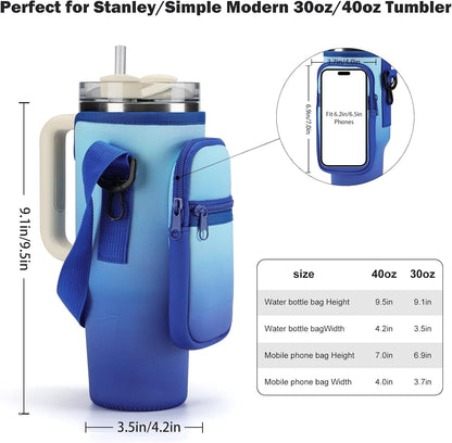 GOEWY Water Bottle Carrier Bag for Stanley 40/30 oz Tumbler with Phone Pocket Neoprene Water Bottle Holder with Shoulder & Handheld Strap Stanley Cup Accessories