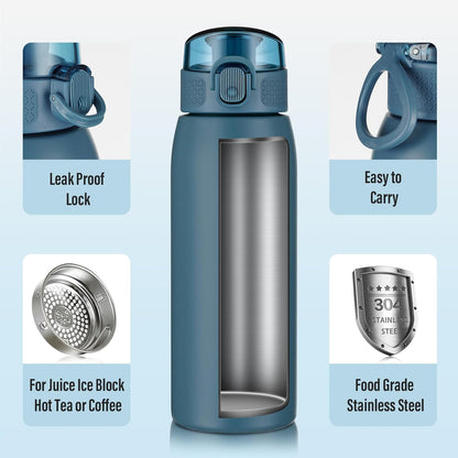 Insulated Water Bottle 24 oz with Dustproof Lid, Carry Handle & Tea Infuser, BPA-Free & Leakproof, Stainless Steel Water Bottles Ideal for Fitness, Hiking, Office & Outdoor Use (Black)