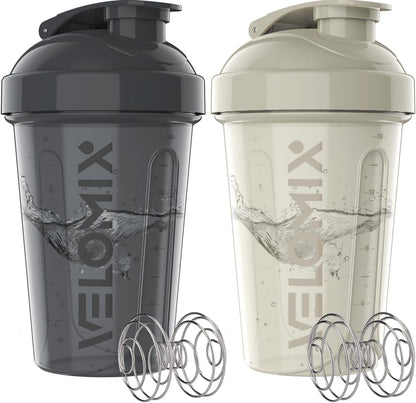 VELOMIX -2 Pack- 20 oz Protein Shaker Bottles for Protein Mixes - 2x Wire Whisk | Leak Proof Shaker Cups for Protein Shakes and Pre Workout | Protein Shaker Bottle Pack (Black/Transparent)