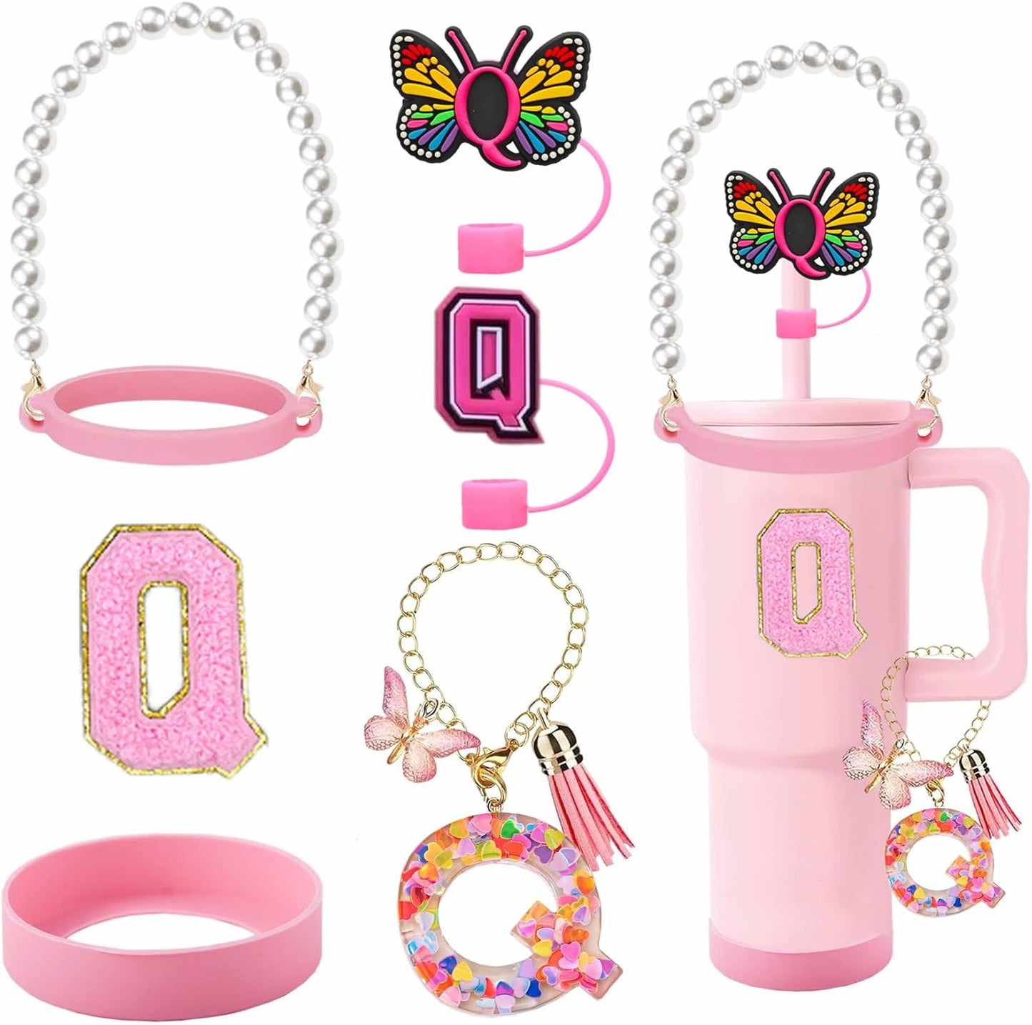 7pcs Cup Accessories for Stanley 30/40oz Tumbler, Handle Strap, Straw Cover, Silicone Boot, Letter Charm Stickers