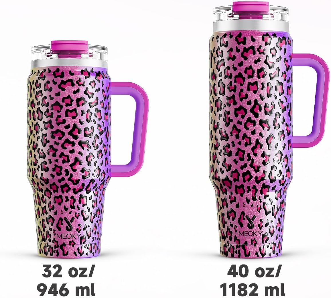 Meoky 32 oz Tumbler with Handle, Insulated Tumbler with Lid and Straw, Stainless Steel Travel Mug, Keeps Cold for 24 Hours, 100% Leak Proof, Fits in Car Cup Holder (Night)