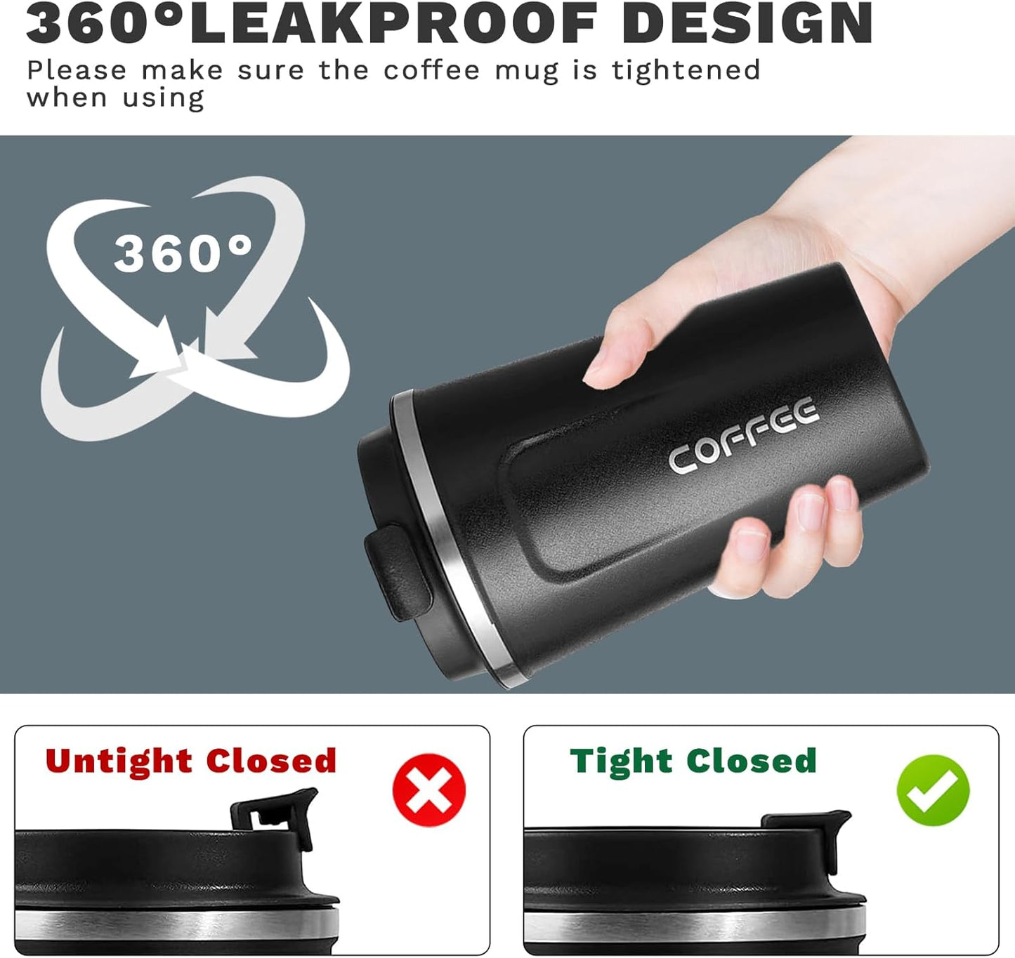 YINBAOGE Insulated Travel Coffee Mug, Spill & Leak Proof, Portable To Go Camping Stainless Steel Coffee Tumbler, Reusable Thermal Coffee Cup with Lid for Hot & Cold Drinks (Black, 12 OZ)