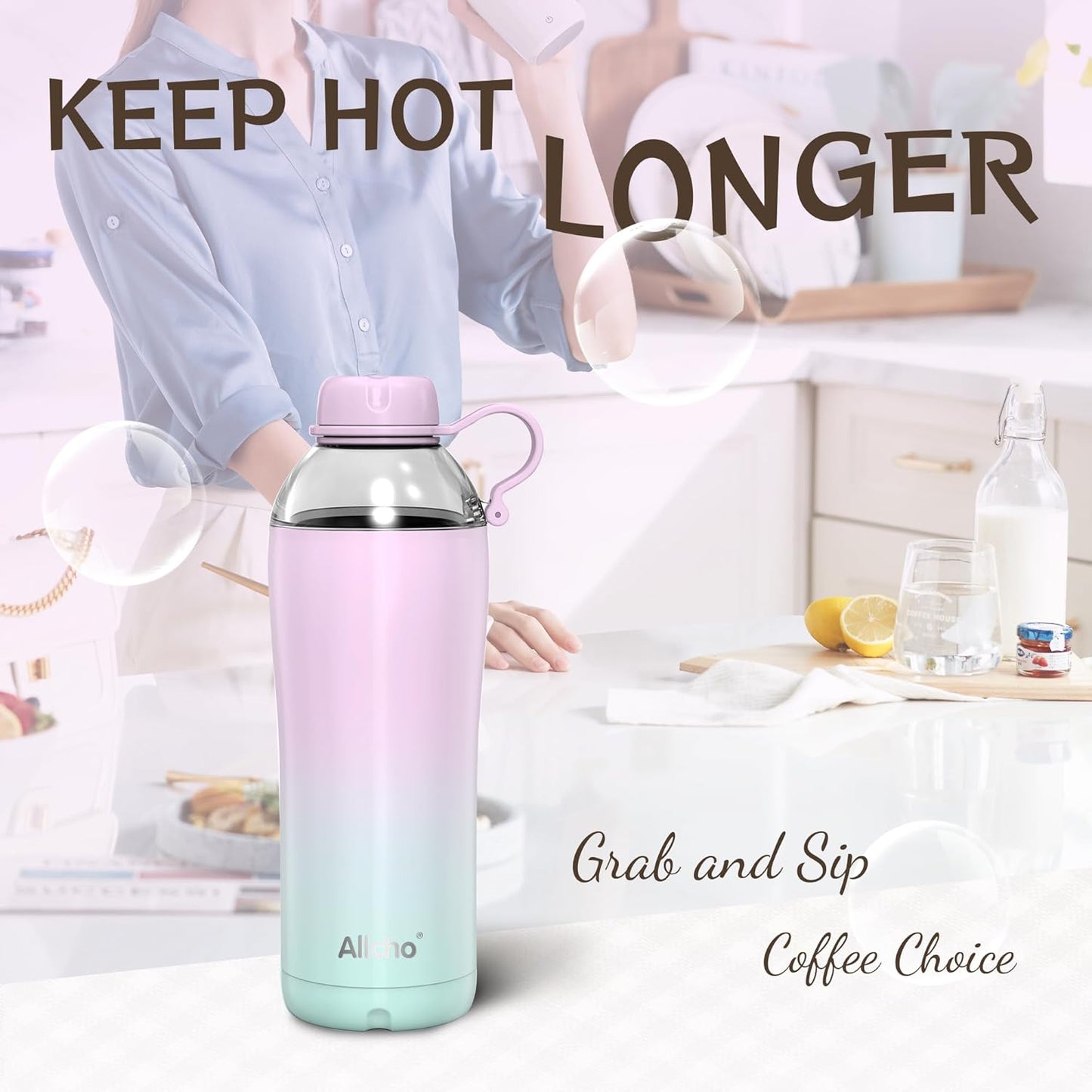 Allcho Insulated Water Bottle for Women, 18oz Stainless Steel Leak Proof Tumbler with 2 Lids, BPA-Free Tritan Chug & Straw Lid, Double Wall Vacuum Flask