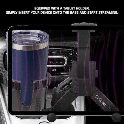Cellet Cup Holder Tray for Car with Phone Mount – Expandable Base, 360° Rotation Food & Drink Tray with Non-Slip Surface, Adjustable Arm for Eating in Vehicle – Fits Most Standard Car Cup Holders