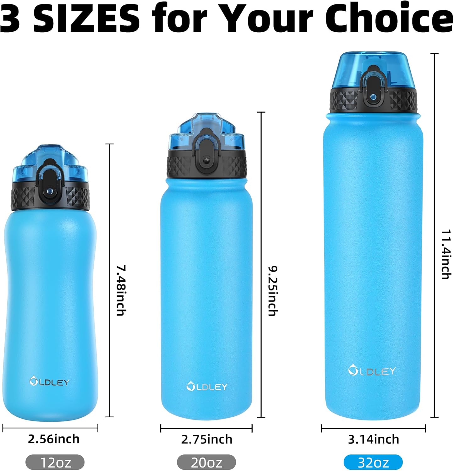 Oldley Insulated Water Bottle 20oz for Adults Kids Stainless Steel Water Bottles with Straw/Chug/Carabiner 3 Lids Fruit Strainer Double Wall Vacuum Wide Mouth BPA Free Leak-Proof for School Travel