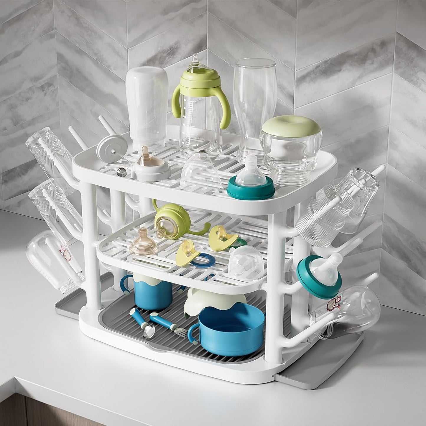 Baby Bottle Drying Rack,3-Tier Large Capacity Countertop Organizer with 360° Ventilation, Removable Drip Tray, Non-Slip Base – Easy to Clean Bottle Holder for Baby Accessories