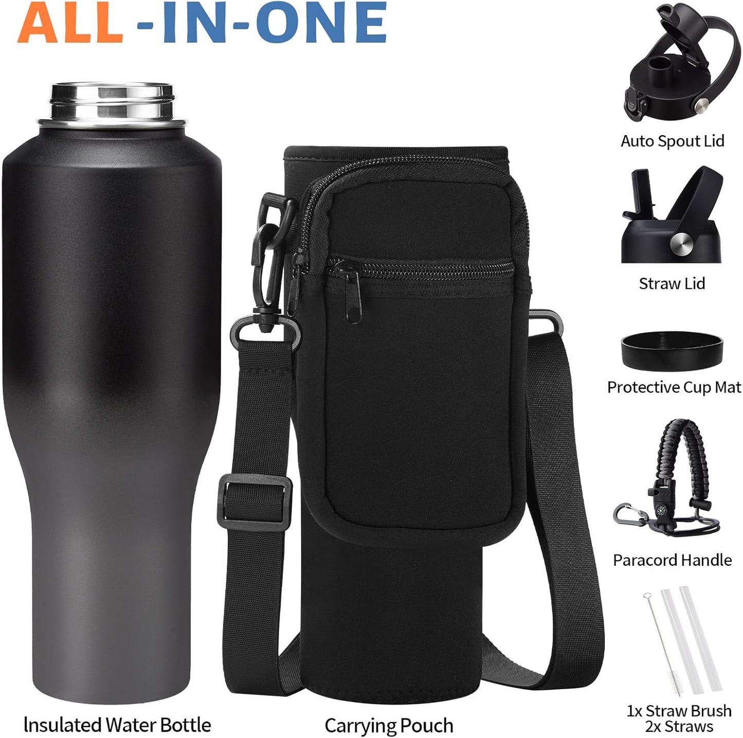 Insulated Water Bottle 40 oz - Fits in any Car Cup Holder, Keep Cold 48H Hot 24H, Stainless Steel Waterbottle Double Wall Flask with Straw, Pop-up Spout Lid, Paracord Handle, Carrier Bag